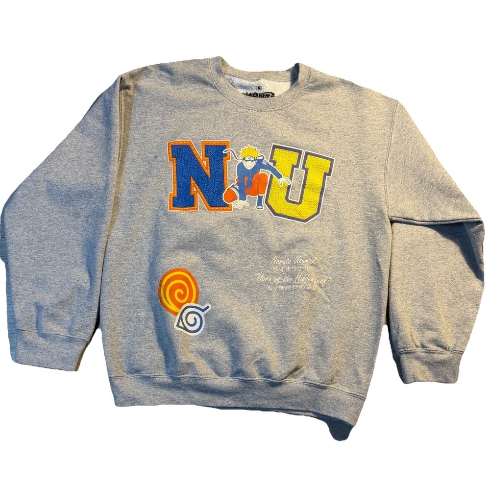 Naruto Shippuden Sweatshirt Mens M Gray Puff Print Graphic Crewneck Anime Ninja